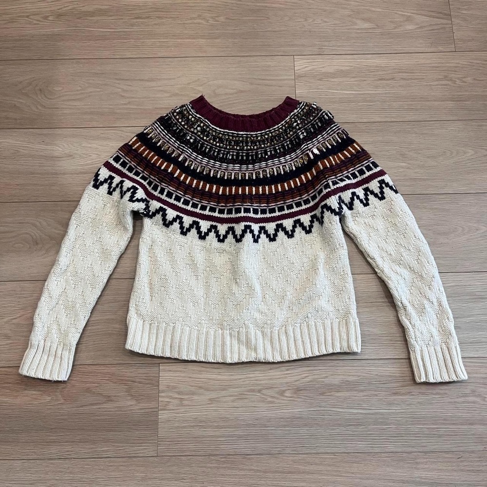Lord & Taylor Cream Wool Blend Fair Isle Sweater Beaded Women L Boho Maximalist
